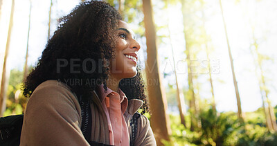 Buy stock photo Thinking, woman and hiking with smile in forest for travel, adventure ideas and holiday reflection. Happy, female person and thoughts with trekking vision, backpacking break and sightseeing in nature