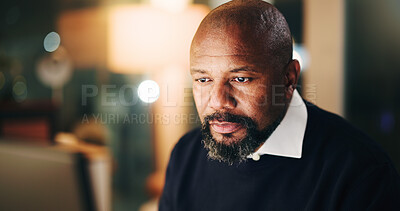 Buy stock photo Mature, night and black man in office with desktop, bokeh and review on company progress. Productivity, business and operation analyst in workplace with tech, research or feedback report in overtime.