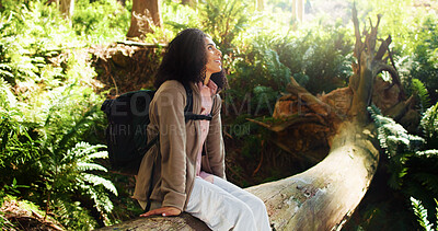 Buy stock photo Thinking, woman and rest from hiking in forest for travel, adventure ideas and holiday reflection. Happy, female person and thoughts for trekking vision, backpacking break and sightseeing in nature