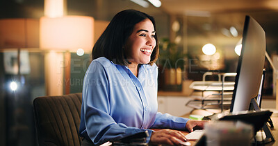 Buy stock photo Office, woman and happy with computer, online or working late for data analysis, excited or success. Night, accountant and person with tech for financial report, reading and achievement for project