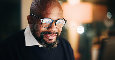 Buy stock photo Computer, finance and night with business black man in office for portfolio or risk management. Bokeh, glasses reflection and space with mature employee reading financial charts or graphs in evening