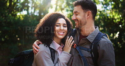 Buy stock photo Happy, hikers and couple in nature, portrait or hug on adventure, love and break on holiday or trip. Outdoor, people and bonding on journey, backpacking and smile on vacation, traveller and woods