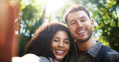 Buy stock photo Hiking, selfie and smile with couple in nature for social media, trekking adventure and bonding. Backpacking date, photography POV and travel vacation with man and woman in forest for love and hobby
