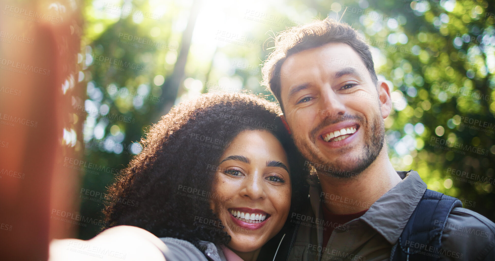 Buy stock photo Hiking, selfie and smile with couple in nature for social media, trekking adventure and bonding. Backpacking date, photography POV and travel vacation with man and woman in forest for love and hobby
