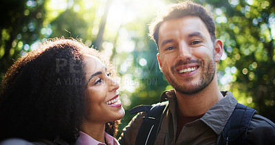 Buy stock photo Hiking, selfie and happy with couple in nature for social media, trekking adventure and bonding. Backpacking date, photography and travel vacation with man and woman in forest for love and hobby