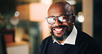 Mature, black man and night in office with portrait, accountant or financial manager with smile. Bookkeeping, glasses and business person with computer, overtime research and administration agency