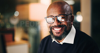 Buy stock photo Mature, black man and night in office with portrait, accountant or financial manager with graphs. Reflection, glasses and business person with computer, overtime research and administration agency