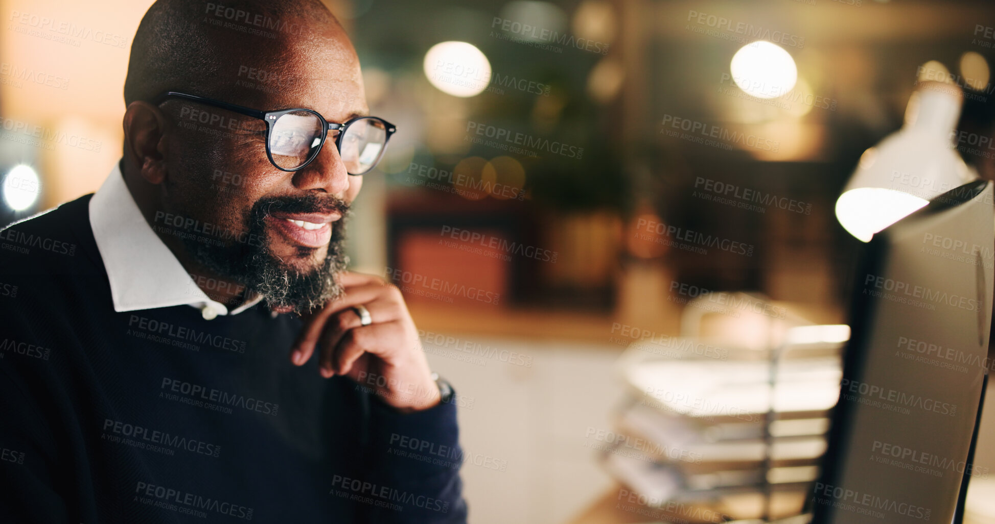 Buy stock photo Computer, finance and thinking with business black man in office at night for risk management. Bokeh, glasses and reflection with mature employee reading financial charts or graphs at work in evening