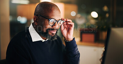 Buy stock photo Computer, finance and review with business black man in office at night for risk management. Bokeh, reflection and space with mature employee reading financial charts or graphs at work in evening