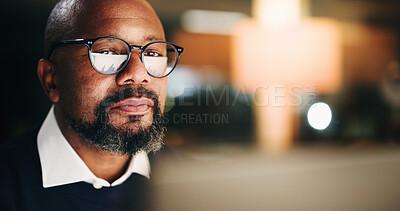 Buy stock photo Computer, finance and night with business black man in office for portfolio or risk management. Face, glasses reflection and space with mature employee reading financial charts or graphs in evening