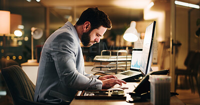 Buy stock photo Business, night and man in workplace, computer and internet for stock market, financial agency or email. Evening, typing and person in office, pc and online reading for economy info and connection