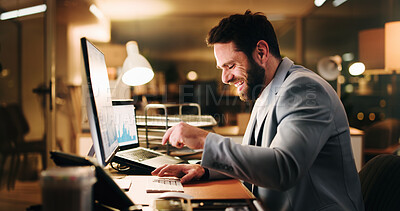 Buy stock photo Businessman, excited and computer for night, celebration and profit with stock market trading. Accountant person, investor and graphs with pc for achievement, overtime and success at finance agency