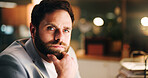 Thinking, portrait and business man in office for account manager, reflection and night report. Investment banker, portfolio deadline and perspective with male person in agency for bokeh and vision