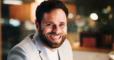 Buy stock photo Night, portrait and businessman in office with smile, research and report deadline in company. Working late, happy consultant and person in workplace with bokeh, problem solving and solution planning