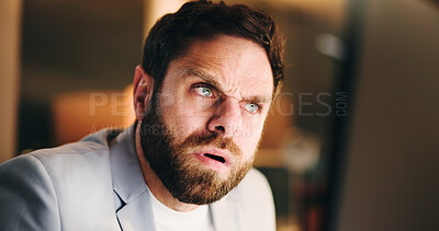 Buy stock photo Thinking, confused and business man with computer for financial mistake, error 404 or night. Deadline, reading or serious advisor with stress for investment glitch, doubt or problem solving in office