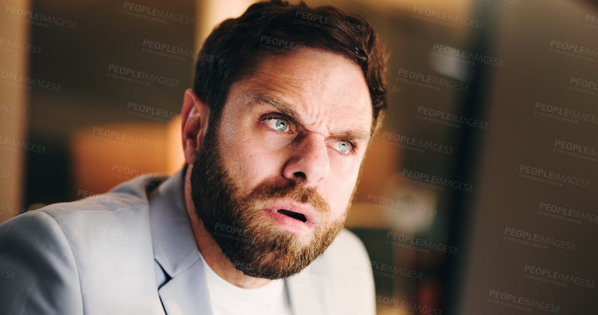 Buy stock photo Thinking, confused and business man with computer for financial mistake, error 404 or night. Deadline, reading or serious advisor with stress for investment glitch, doubt or problem solving in office