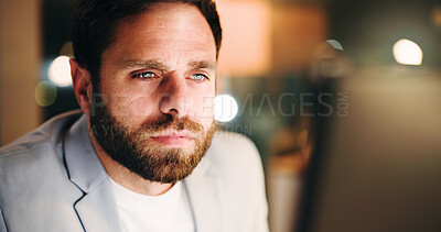 Buy stock photo Computer, reading and research with business man in office for trading analyst, planning and night. Investment insight, overtime and stock broker with person in agency for bokeh and digital portfolio