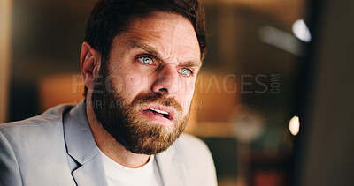 Buy stock photo Frustrated, night and businessman in office with computer for system glitch, technical crisis and report loss. Angry, data recovery and person thinking of solution, troubleshooting and overtime 