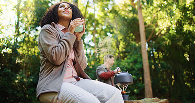 Buy stock photo Relax, woman or coffee in woods for trekking adventure, happiness or traveling holiday in nature. Hiking, view scenery or people with hot drink for vacation, reflection or ecotourism in Madagascar