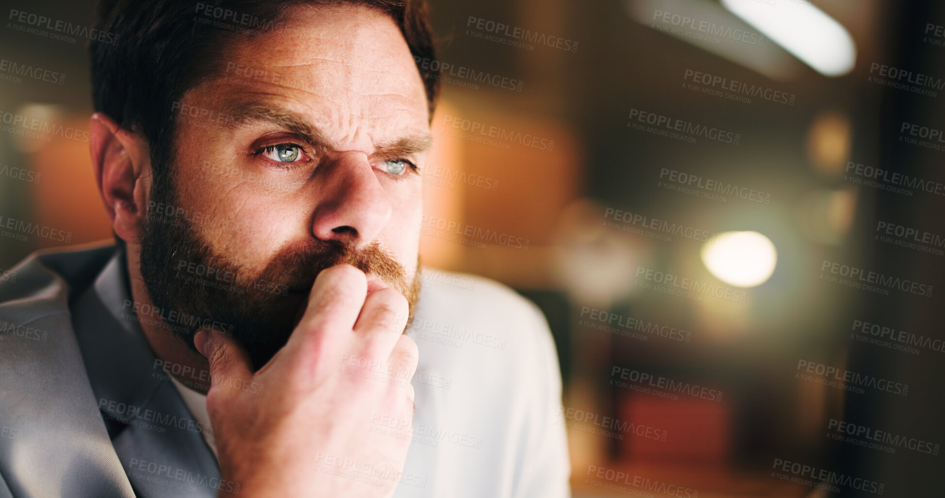 Buy stock photo Businessman, confused and thinking with computer at night for trading mistake, 404 error or glitch. Office, space or unsure trader with overtime for investment crisis, market crash or problem solving