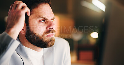 Buy stock photo Businessman, confused and computer in office with mistake, financial error and network glitch at night. Puzzled, accountant and tech in workplace with payment issue, banking crisis or missed deadline