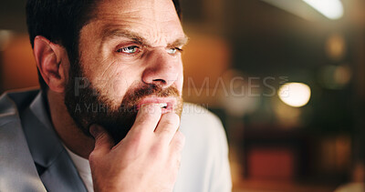 Buy stock photo Thinking, confused and business man with stress for financial mistake, tax error or night in office. Deadline, workplace and serious advisor problem solving, investment challenge or doubt with space