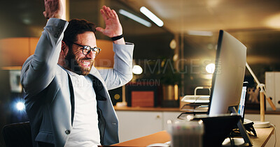 Buy stock photo Businessman, cheering and computer for night, celebration and profit with stock market trading. Accountant person, investor and excited with pc for achievement, winner and success at finance agency