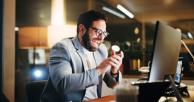 Buy stock photo Businessman, applause and computer for night, celebration and profit with stock market trading. Accountant person, investor and excited with pc for achievement, winner and success at finance agency