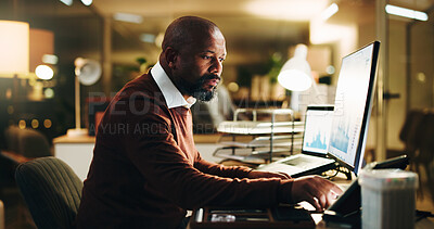 Buy stock photo Computer screen, finance and tablet with business black man in office at night for investment. App, display and research with mature portfolio manager at work for evening review of charts or graphs