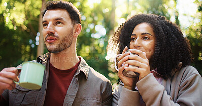 Buy stock photo Happy couple, hiking or talking in forest for coffee break, camping adventure or holiday in nature. Weekend travel, morning chat or people in woods for romantic getaway, bonding or drink together