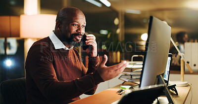 Buy stock photo Mature, black man and night in office with phone call, accountant or financial manager. Bookkeeping, contact and business person with computer, overtime communication and administration agency