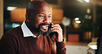 Business, black man and night in office with phone call, accountant or financial manager with tech. Bookkeeping, project and mature person with computer, overtime research and administration agency