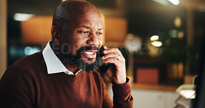Buy stock photo Business, black man and night in office with phone call, accountant or financial manager with tech. Bookkeeping, project and mature person with computer, overtime research and administration agency