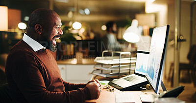 Buy stock photo Mature, businessman and computer for night, celebration and profit with stock market trading. Accountant person, investor and excited with graphs for achievement, winner and success at finance agency