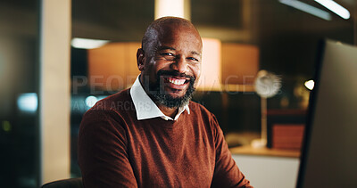 Buy stock photo Night, portrait and black man in office with smile, research and report deadline in business. Working late, happy or African person in workplace with computer, problem solving or planning in company