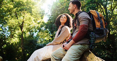 Buy stock photo Happy, hikers and couple in nature, relax and break on adventure, forest or love on holiday or trip. Outdoor, people and bonding on journey, backpacking and smile on vacation, traveller and woods