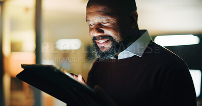 Buy stock photo Business, black man and night in office with tablet, accountant or financial manager with idea. Bookkeeping, project and mature person with technology, overtime research and administration agency