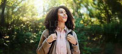 Buy stock photo Woman, nature and trees in forest with sunshine, space and inner peace for adventure trip. Happy, person outdoor and sunlight in woods with zen, positive and hiking trail for summer break wellness.