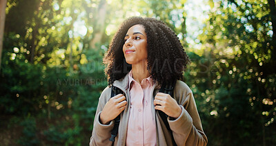 Buy stock photo Woman, nature and trees in forest with sunshine, space and inner peace for summer break wellness. Happy, person outdoor and sunlight in woods with zen, positive and hiking trail for adventure trip.