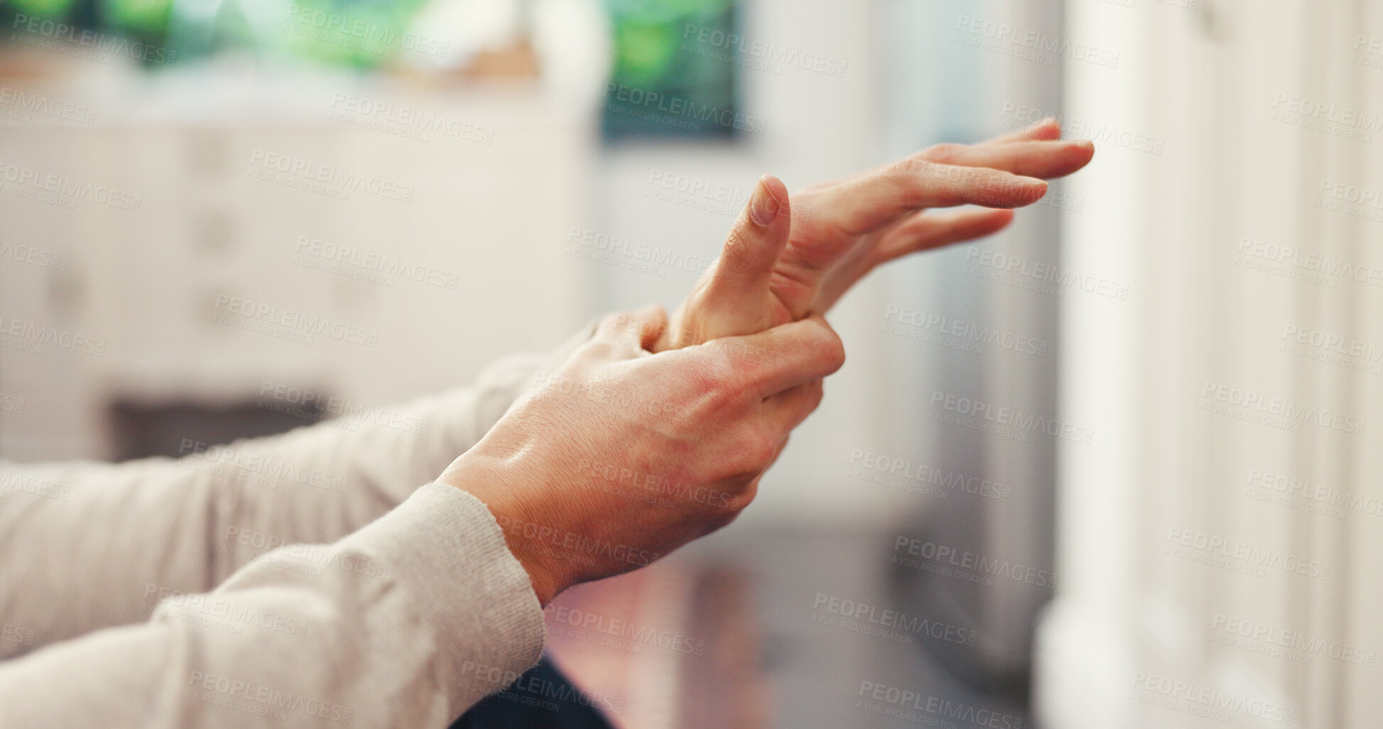 Buy stock photo Wrist pain, accident and injury with hands of man in home for carpal tunnel syndrome, burnout or crisis. Joint inflammation, osteoarthritis and mistake with closeup of person in apartment for tension
