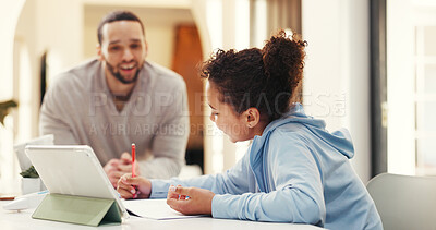 Buy stock photo Homework, tablet and father with daughter in home for education, student support and bonding. Math tutor, elearning and homeschool teaching with man and kid in family house for child development