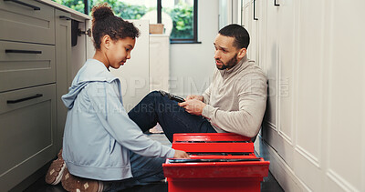 Buy stock photo Bonding, help and family in house with toolbox, support and maintenance in plumbing activity. Explaining, father and daughter in kitchen with equipment, teaching and time together for home repair.