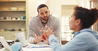 Buy stock photo Homework, help and father with daughter in home for education, student support and bonding. Math tutor, learning and homeschool teaching with man and kid in family house for child development