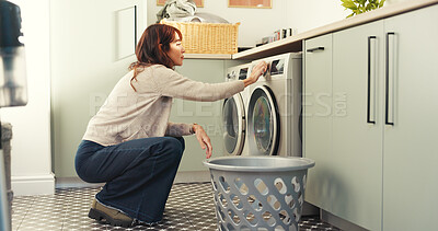 Buy stock photo Basket, laundry and washing machine with woman in home for chores, housekeeping or responsibility. Hygiene, routine and spring cleaning with person in apartment for household maintenance or task