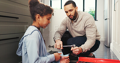 Buy stock photo Bonding, help and people in house with toolbox, support and maintenance in plumbing activity. Explaining, father and daughter in kitchen with equipment, teaching and time together for home repair.