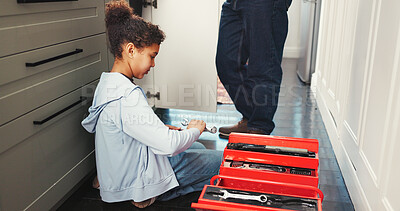 Buy stock photo Box, parent and child in house with tools, repair and maintenance for skills development. Father, daughter or girl helping with hardware equipment, home improvement or renovation for knowledge growth
