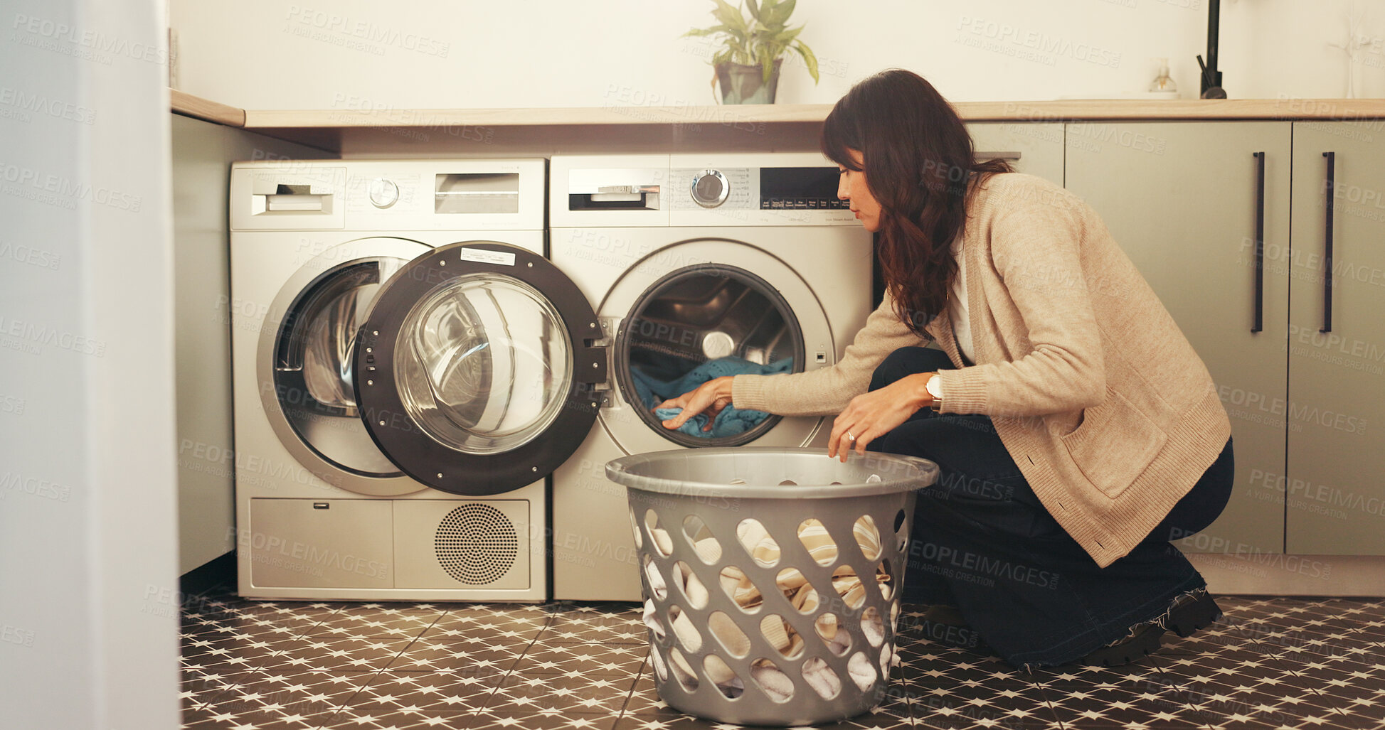 Buy stock photo Woman, laundry and washing machine for cleaning in home with basket, fabric and routine for hygiene. Person, container and appliance with clothes, linen or chores with housekeeping at apartment