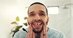 Portrait, dental health and man in bathroom, smile and morning routine with wellness. Home, toothbrush and happy person with oral care, teeth whitening and hygiene with fresh breath and remove plaque