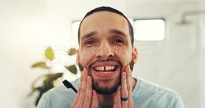 Buy stock photo Portrait, dental health and man in bathroom, smile and morning routine with wellness. Home, toothbrush and happy person with oral care, teeth whitening and hygiene with fresh breath and remove plaque