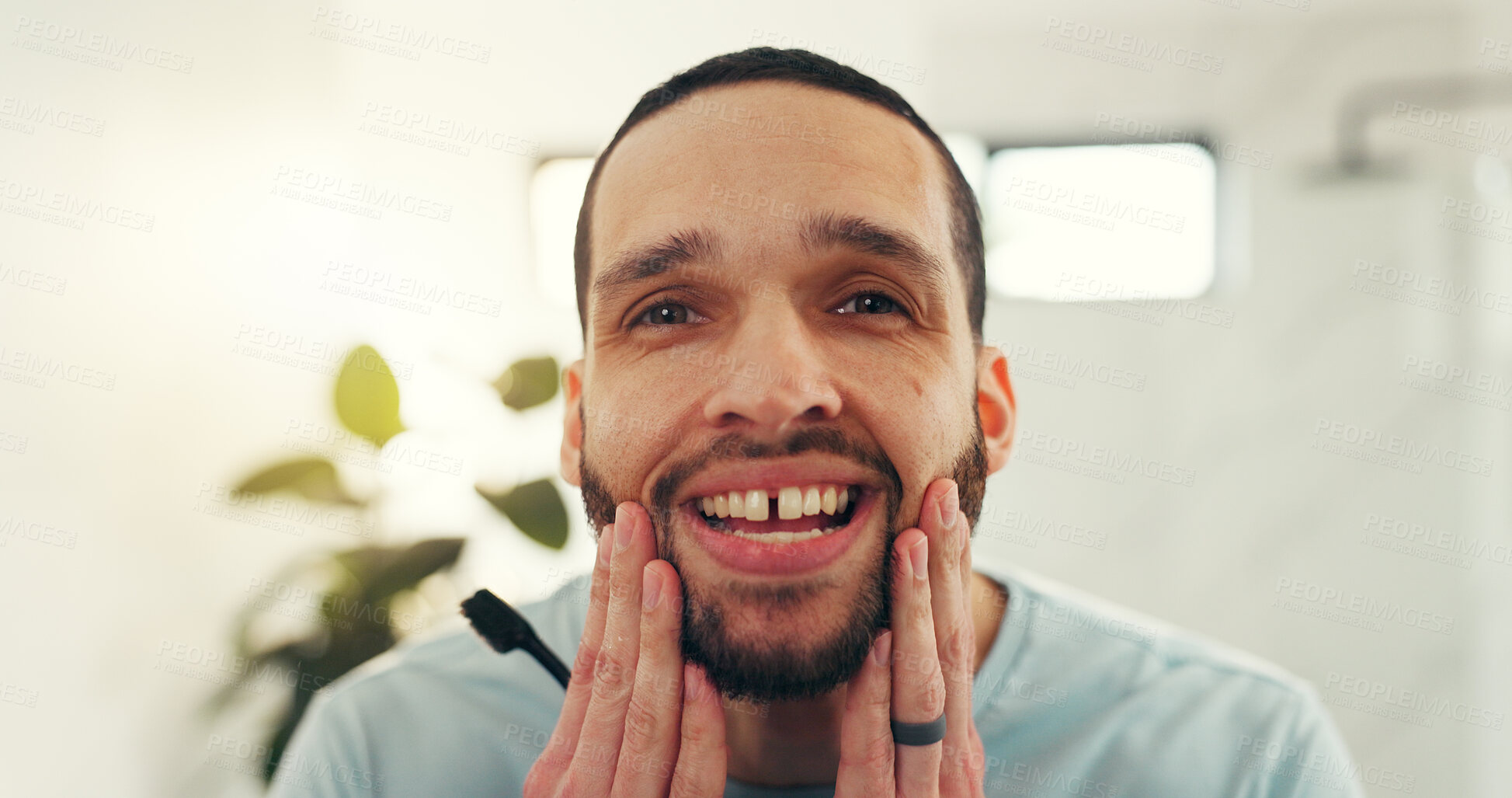 Buy stock photo Portrait, dental health and man in bathroom, smile and morning routine with wellness. Home, toothbrush and happy person with oral care, teeth whitening and hygiene with fresh breath and remove plaque